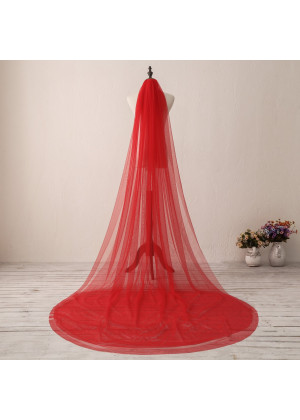 Red Two-tier Wedding Veil Plain Edge Long Bridal Veil